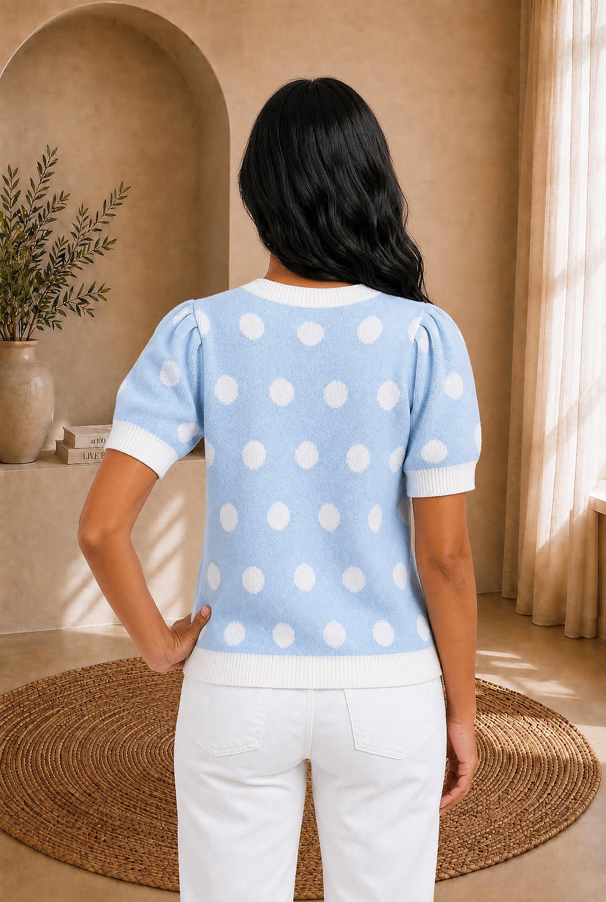 Polka Dot Puff Short Sleeve V-Neck Sweater — The Glam Cat