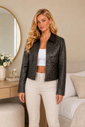 Leopard print faux leather jacket with black collar