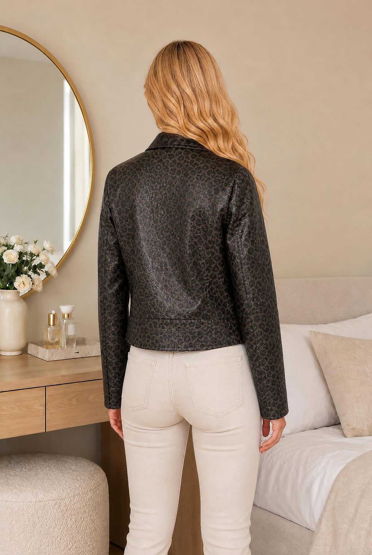 Leopard print faux leather jacket with black collar