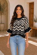 Wavy Stripe Ruffle Sleeve Crochet Sweater — The Glam Cat