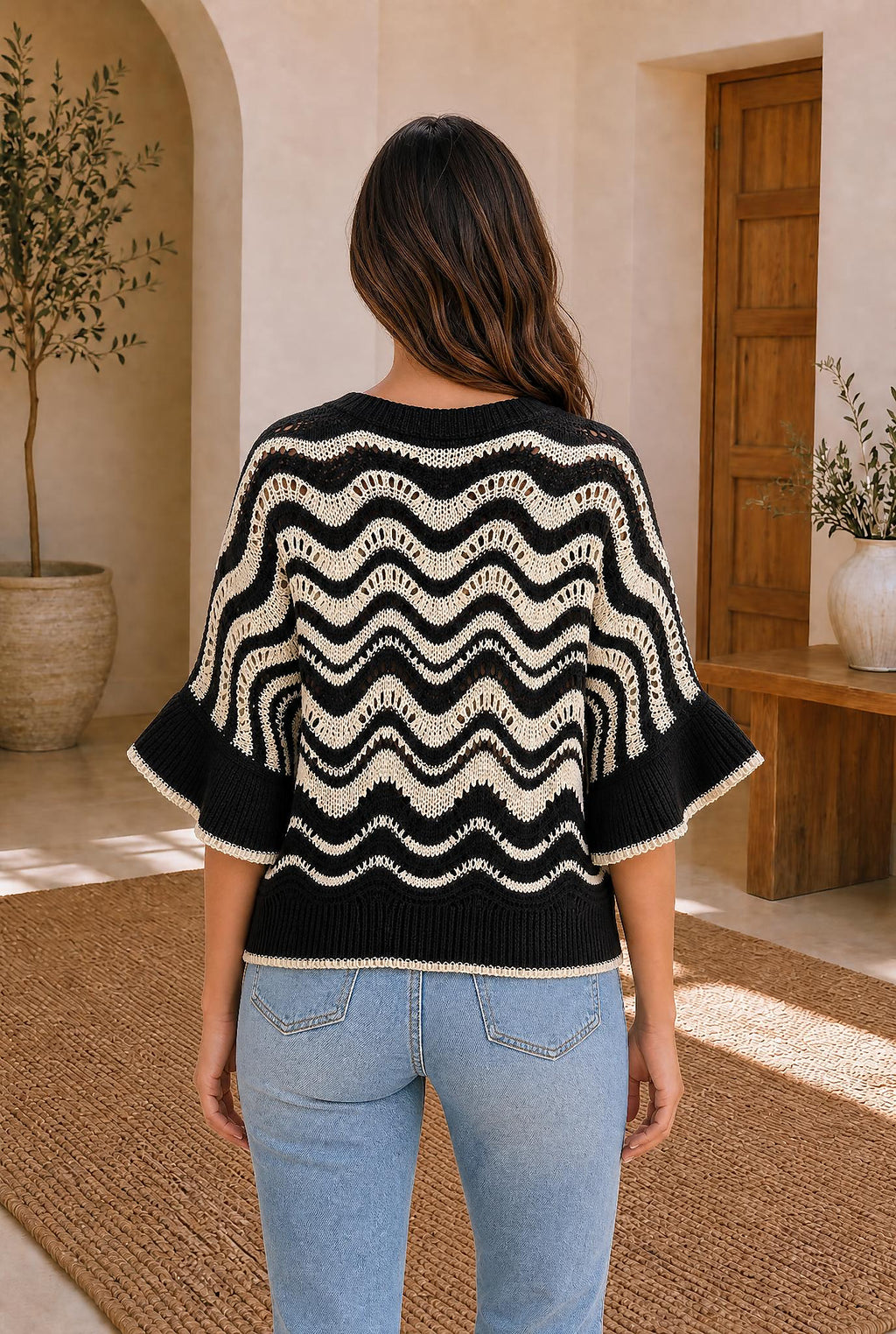 Wavy Stripe Ruffle Sleeve Crochet Sweater — The Glam Cat