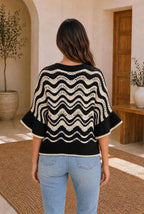 Wavy Stripe Ruffle Sleeve Crochet Sweater — The Glam Cat