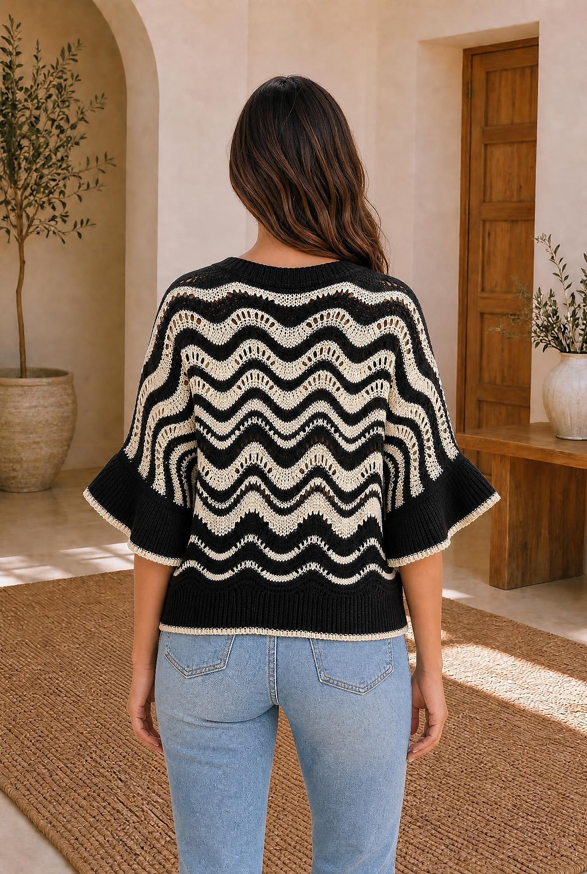 Wavy Stripe Ruffle Sleeve Crochet Sweater — The Glam Cat