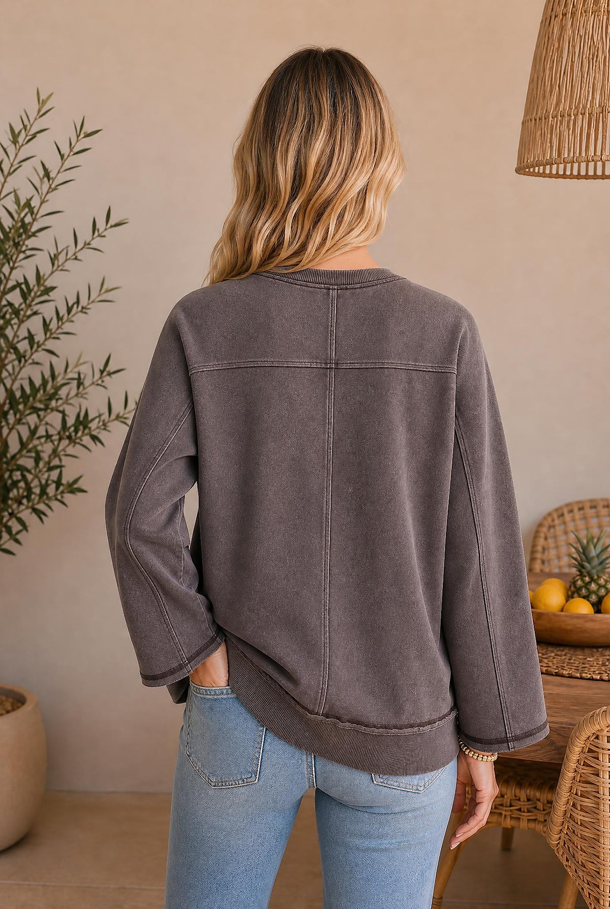 Mineral Wash Reverse Seam 3/4 Sleeve Top — The Glam Cat