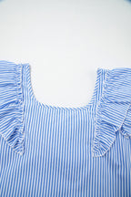 Striped bow-back blouse with ruffle sleeves and square neckline