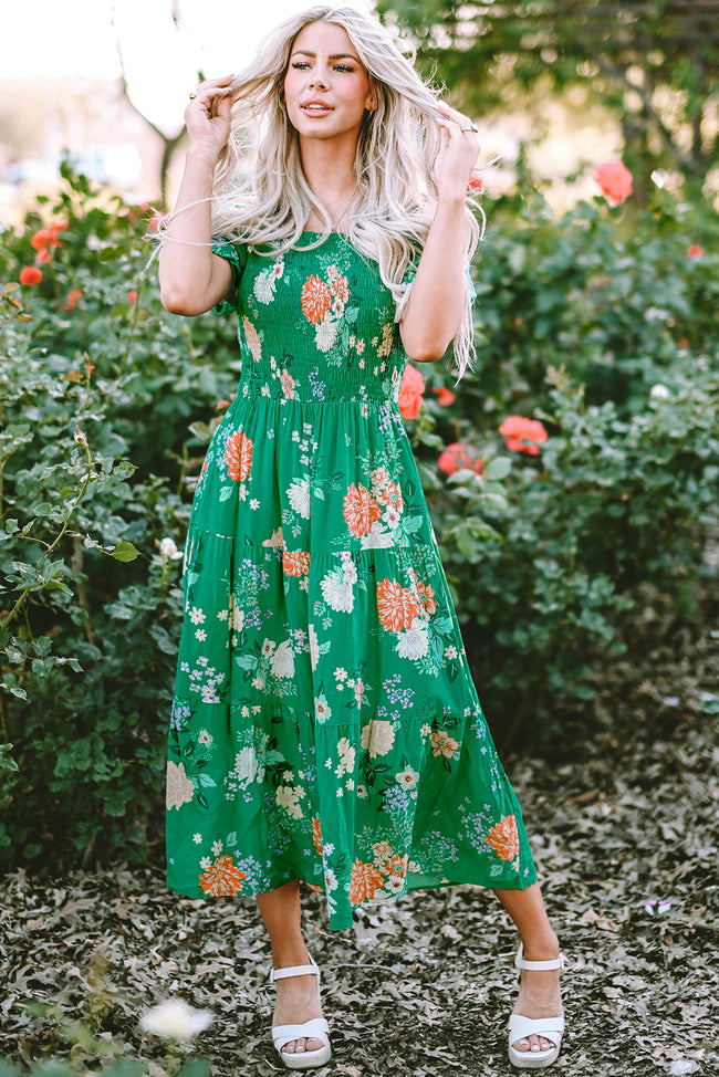 Floral Bubble Sleeve Smocked Tiered Dress