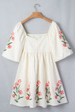 Beige Floral Print Puff Sleeve Babydoll Dress