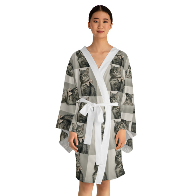 Glamourous Cat Pattern Long Sleeve Kimono Robe