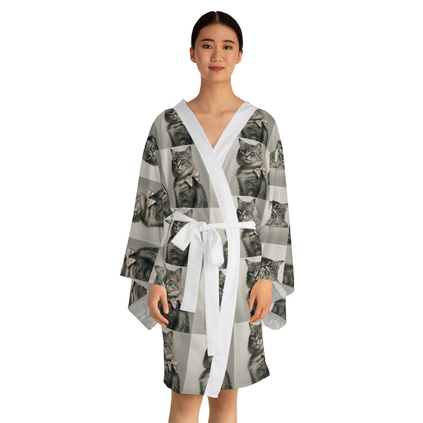 Glamourous Cat Pattern Long Sleeve Kimono Robe