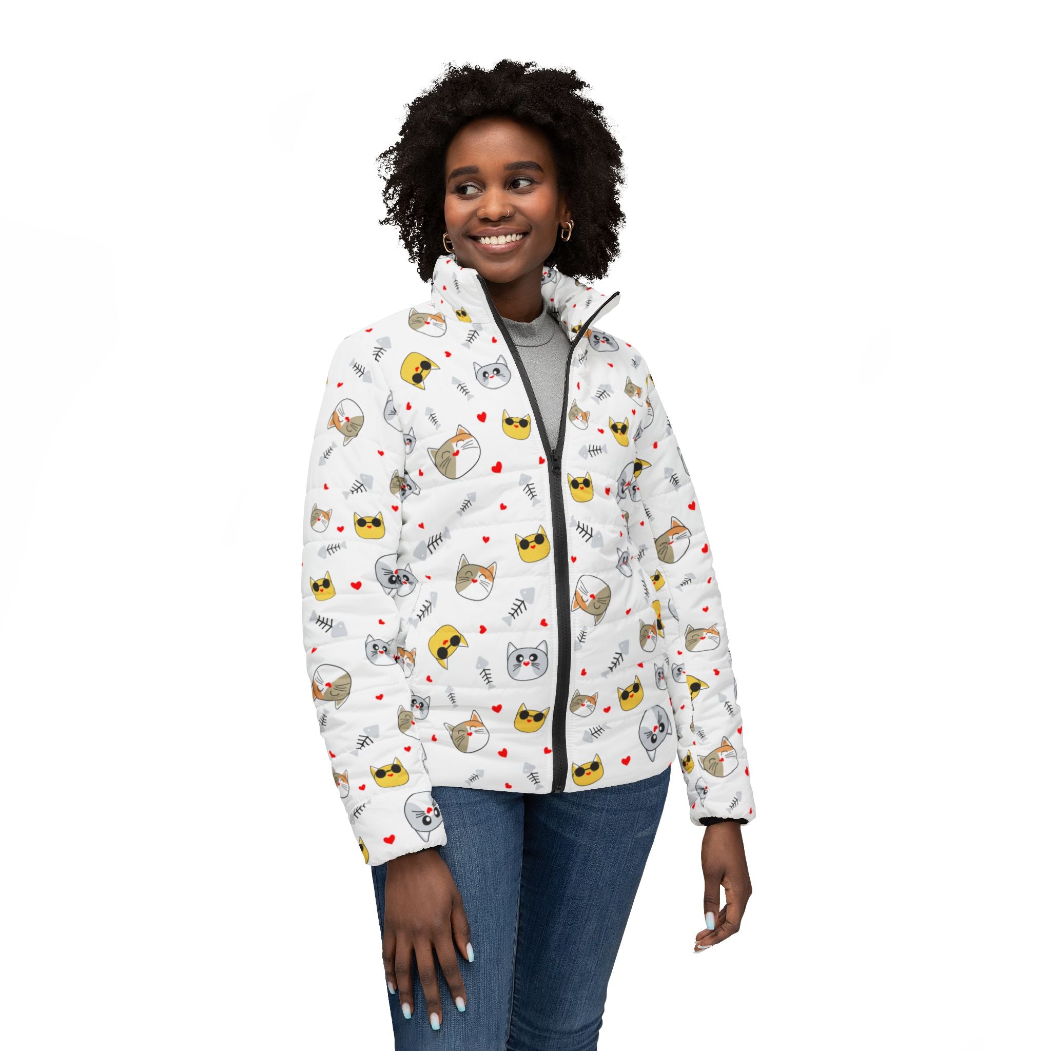 Cute Cat Pattern All-Over Print Puffer Jacket
