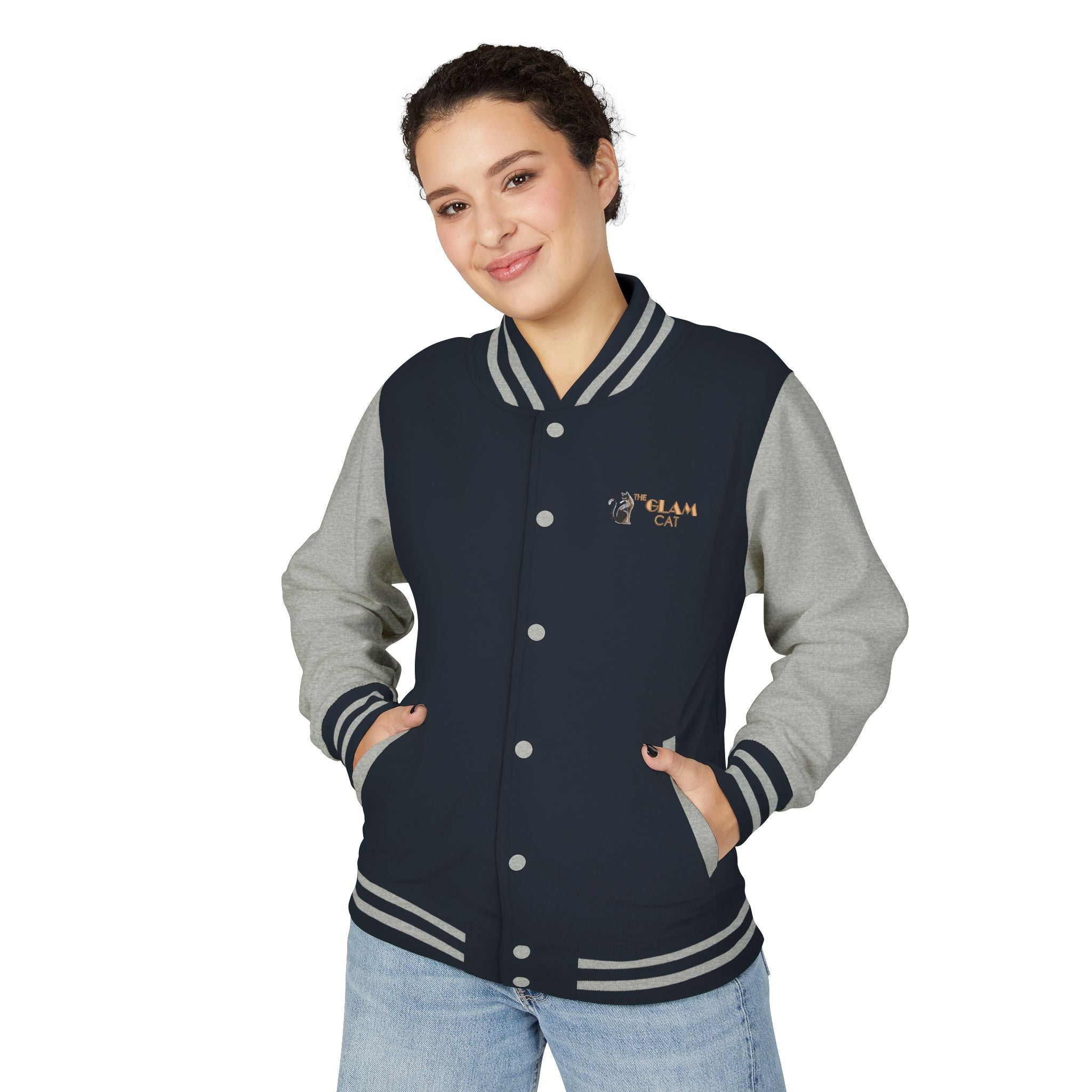 The Glam Cat Embroidered Vintage Varsity Bomber Jacket
