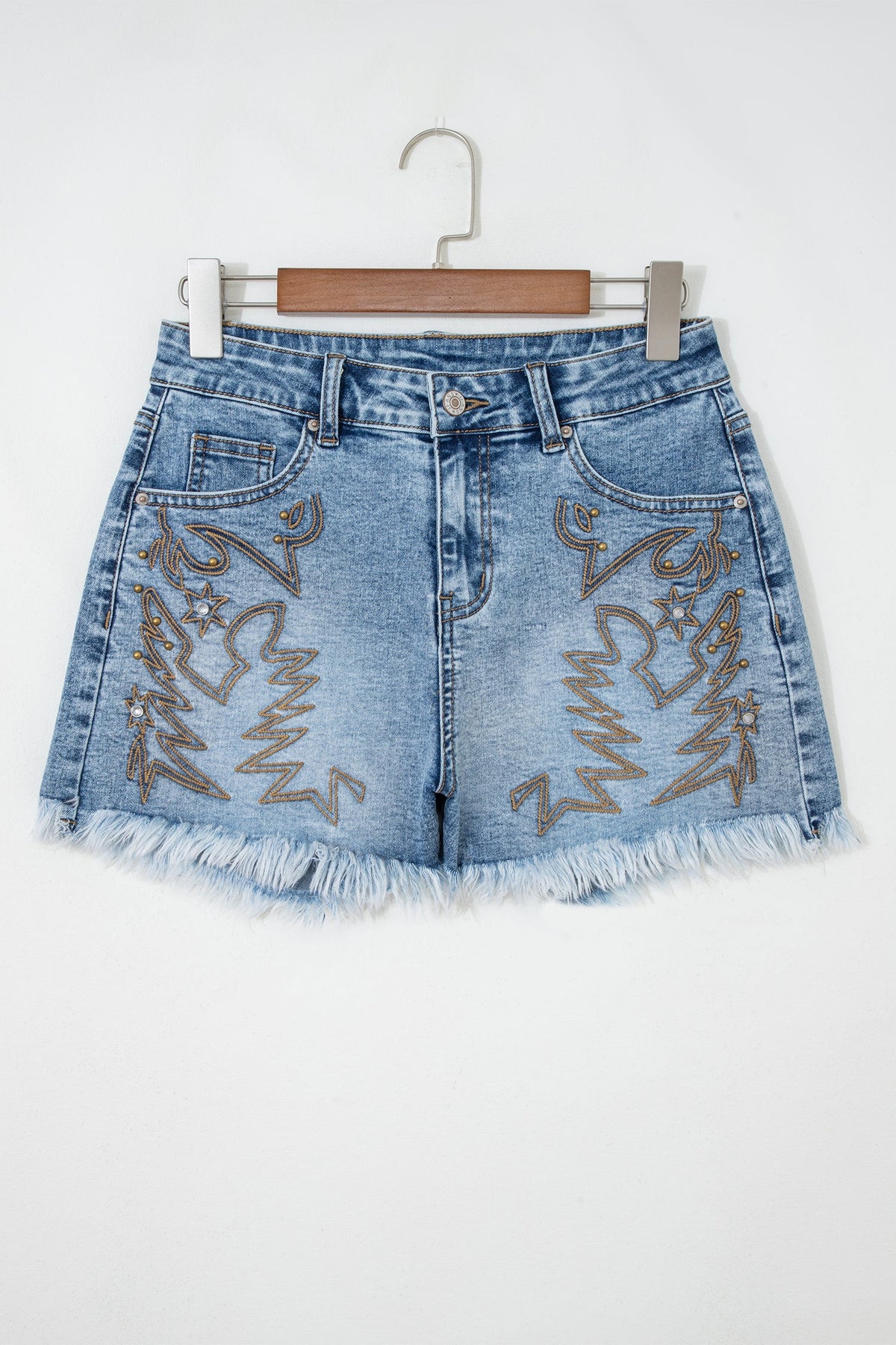 Western embroidered studded denim shorts with frayed hem
