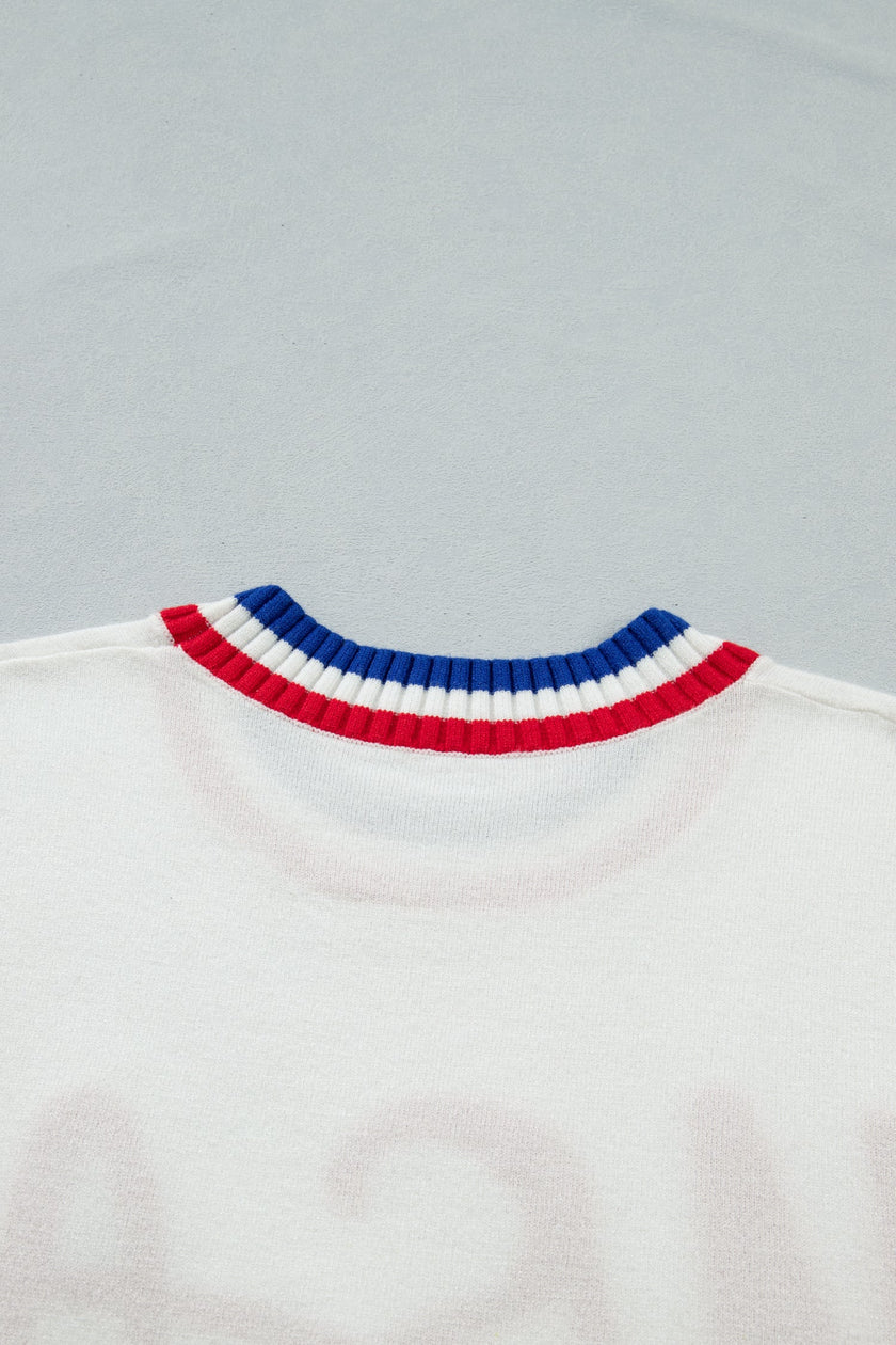 Varsity-Inspired USA Stripe Contrast Trim Sweater