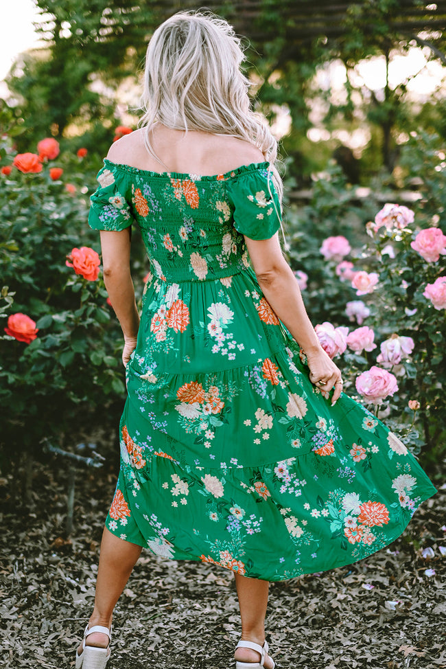 Floral Bubble Sleeve Smocked Tiered Dress