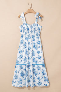 Floral Shirred Bodice Knot Shoulder Dress