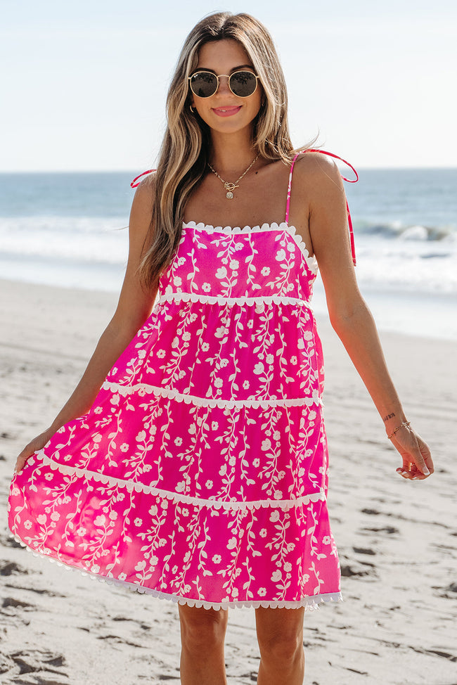 Floral Ric-Rac Tie Strap Sleeveless Mini Dress