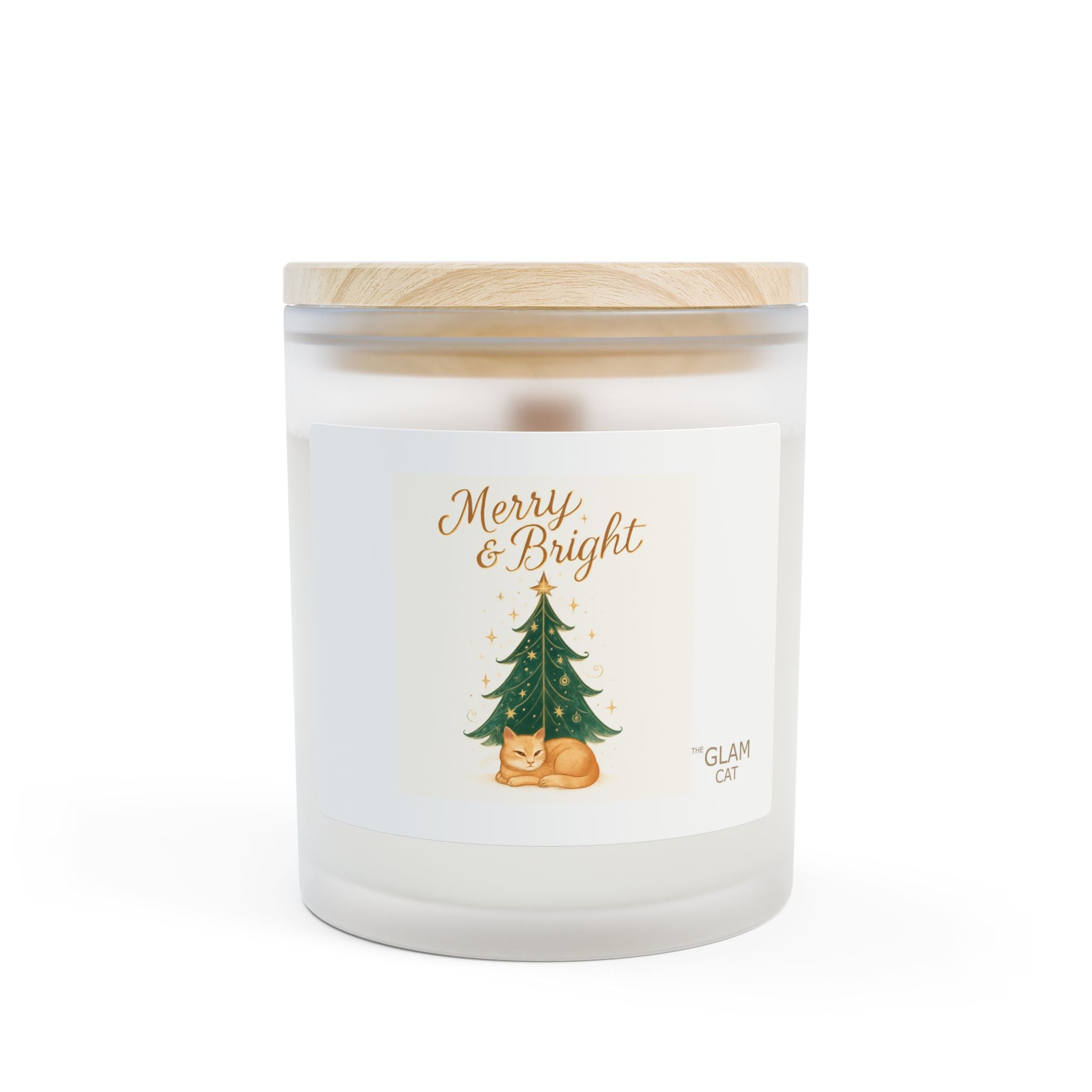 Merry & Bright Evergreen with Sleeping Cat Frosted Glass Candle — 11oz Holiday Scented Candle