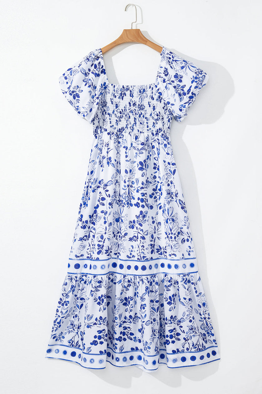 Floral Square Neck Bubble Sleeve Maxi Dress
