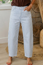 Striped high-waist barrel-leg jeans