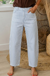Striped High Waist Barrel Leg Jeans