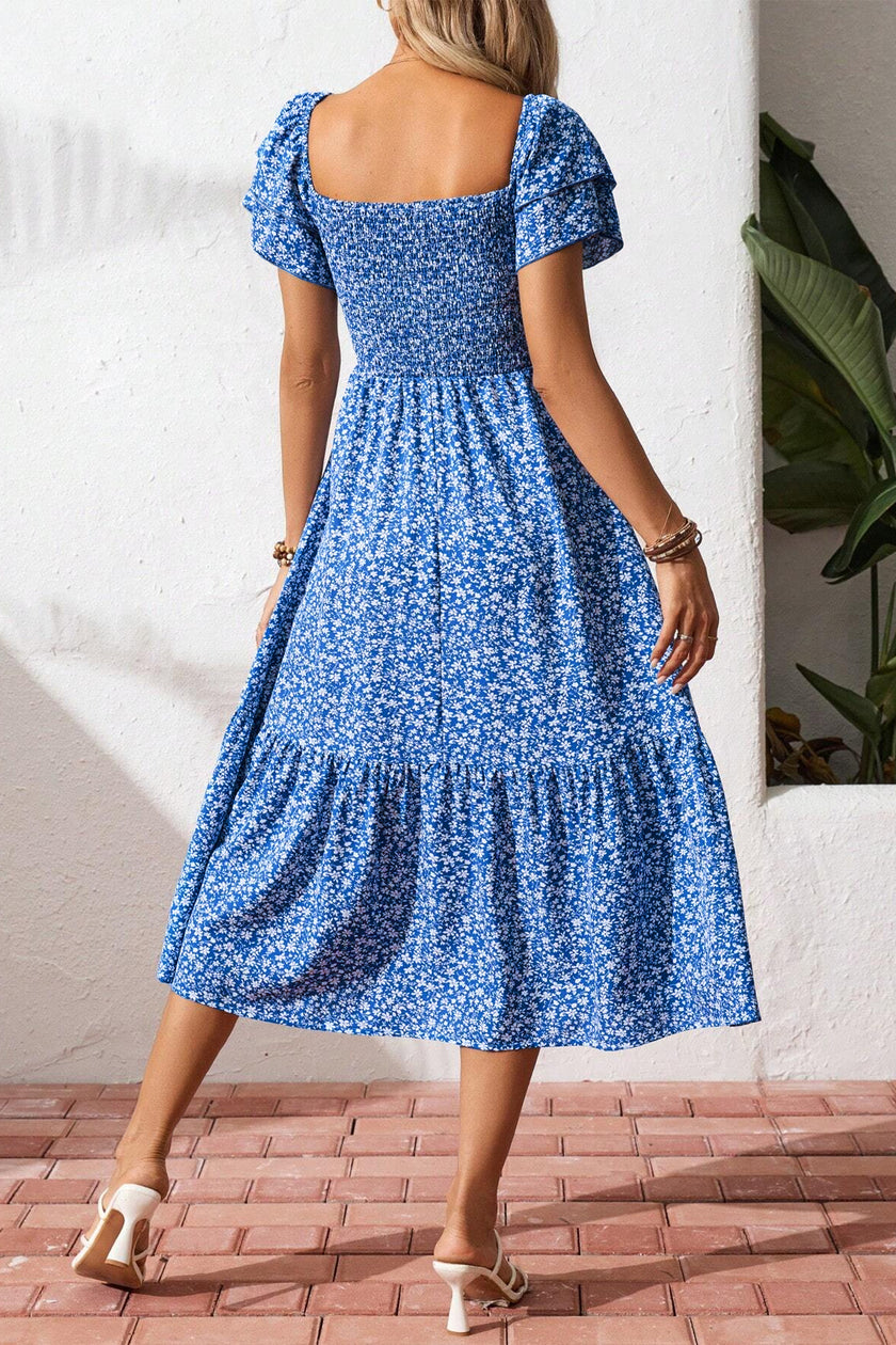 Floral Smocked Square Neck Ruffle Sleeve Dress