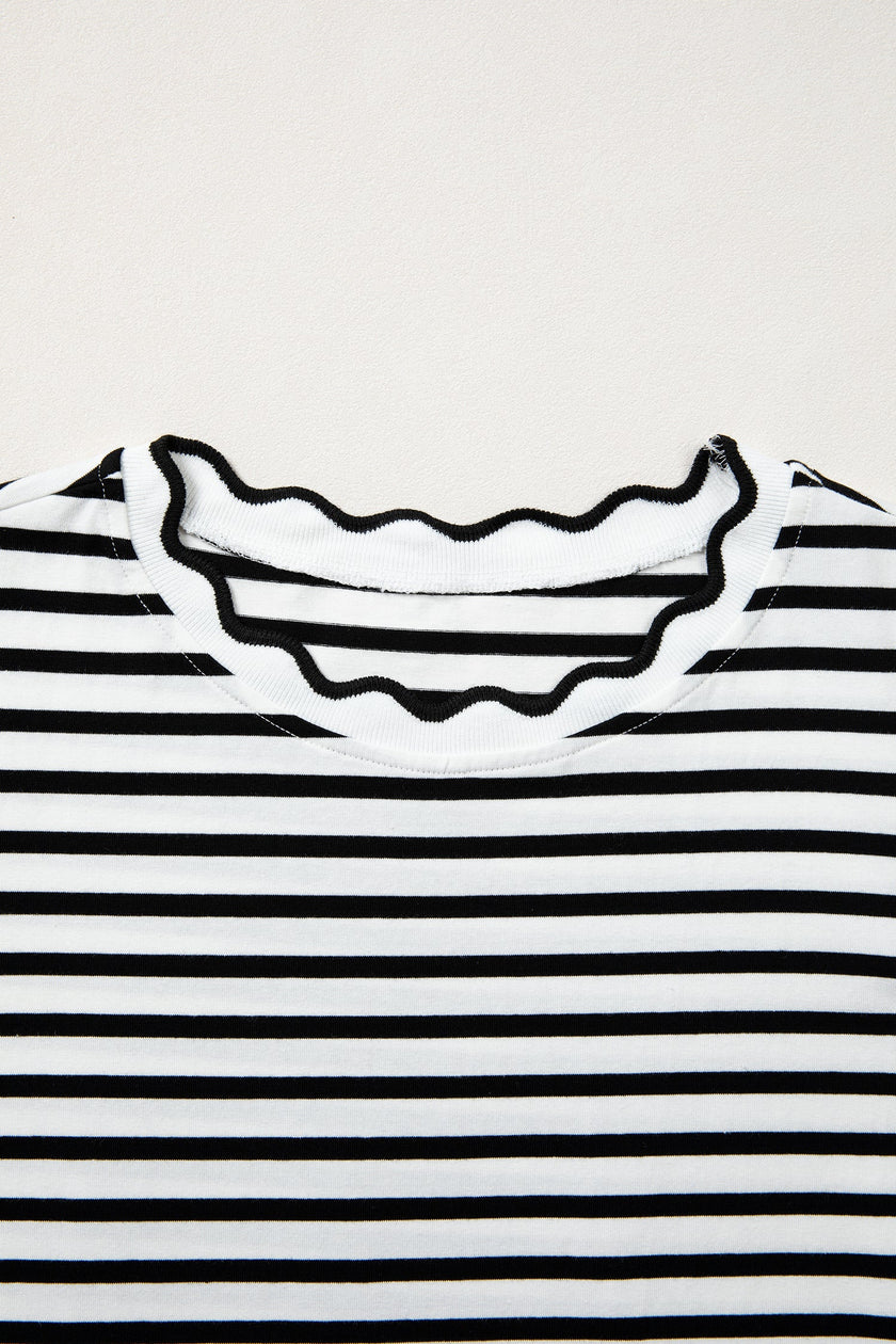Stripe Scalloped Trim Round Neck T-Shirt