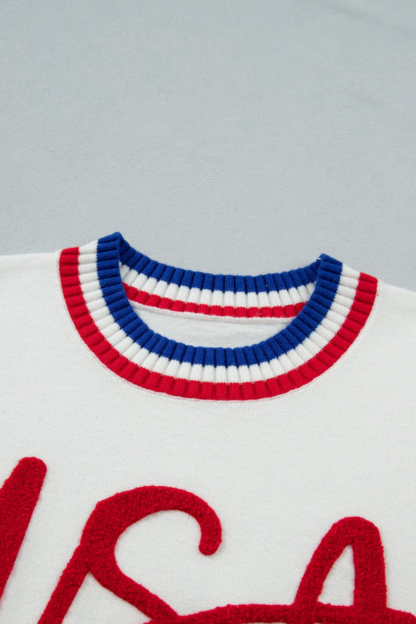 Varsity-Inspired USA Stripe Contrast Trim Sweater