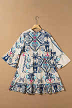 Boho button-front V-neck mini dress with three-quarter sleeves