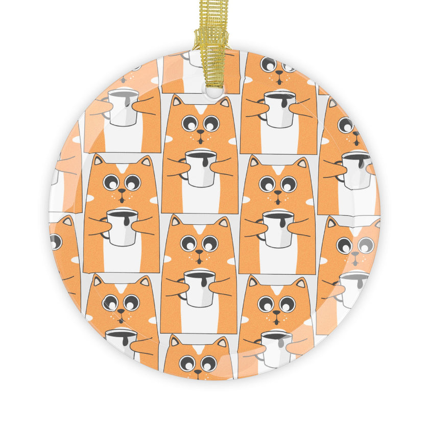 Orange Cat Drinking Coffee Glass Ornament