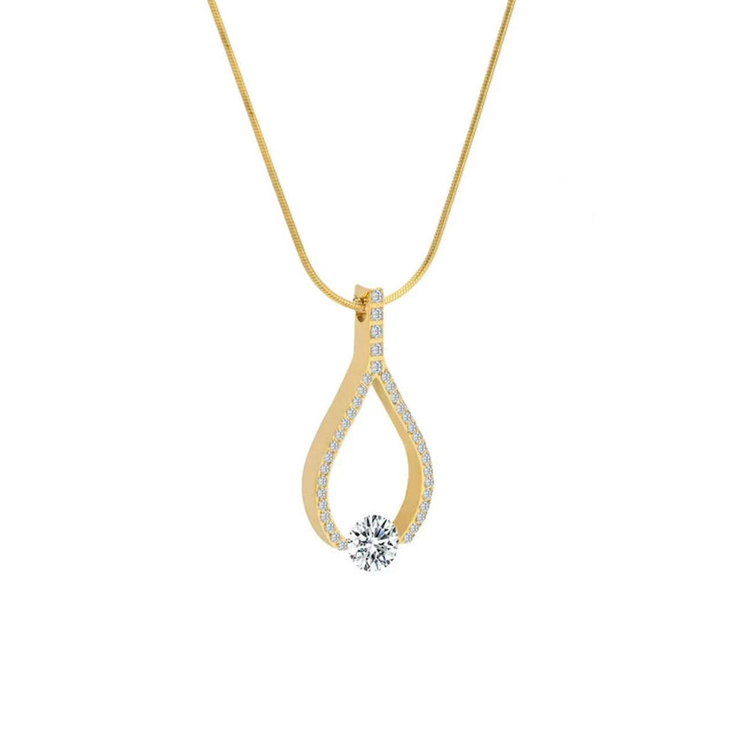 Beautiful Gold 1 ct Solitaire Pave Larme Pendant Necklace