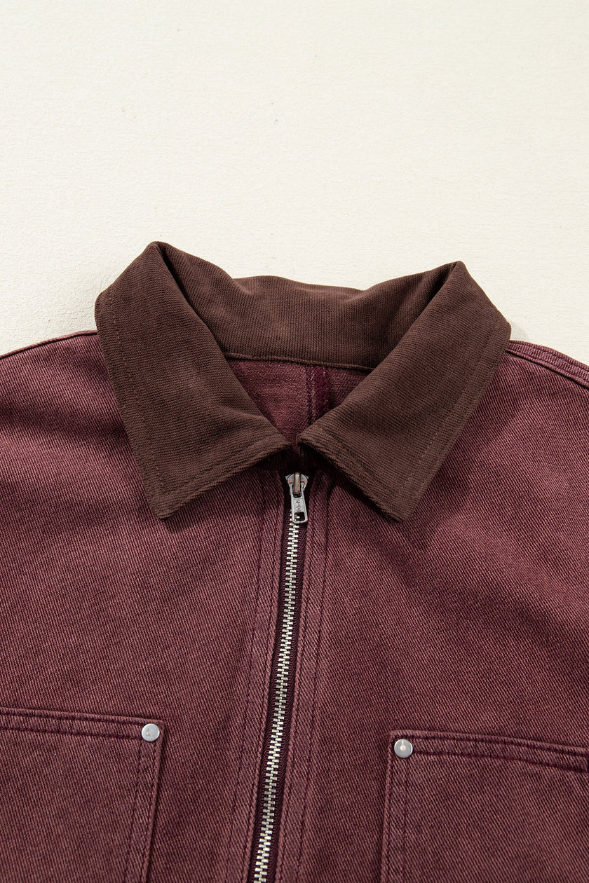 Corduroy Collar Zipped Front Denim Jacket