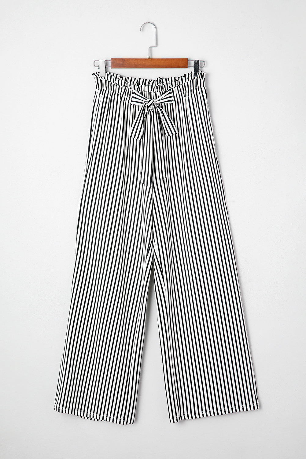 High-waist striped straight-leg pants with tie waist