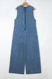 Acid Wash Denim Pleated Tie V-Neck Jumpsuit