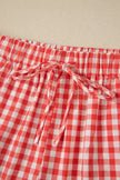 Red Gingham Plaid Tie Elastic Waist Lace Patchwork Hem Casual Shorts