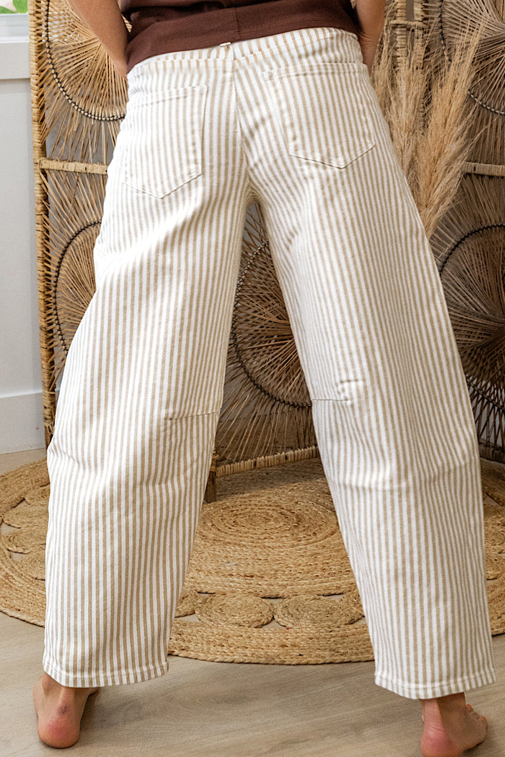Striped High Waist Barrel Leg Jeans