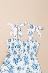 Floral Shirred Bodice Knot Shoulder Dress