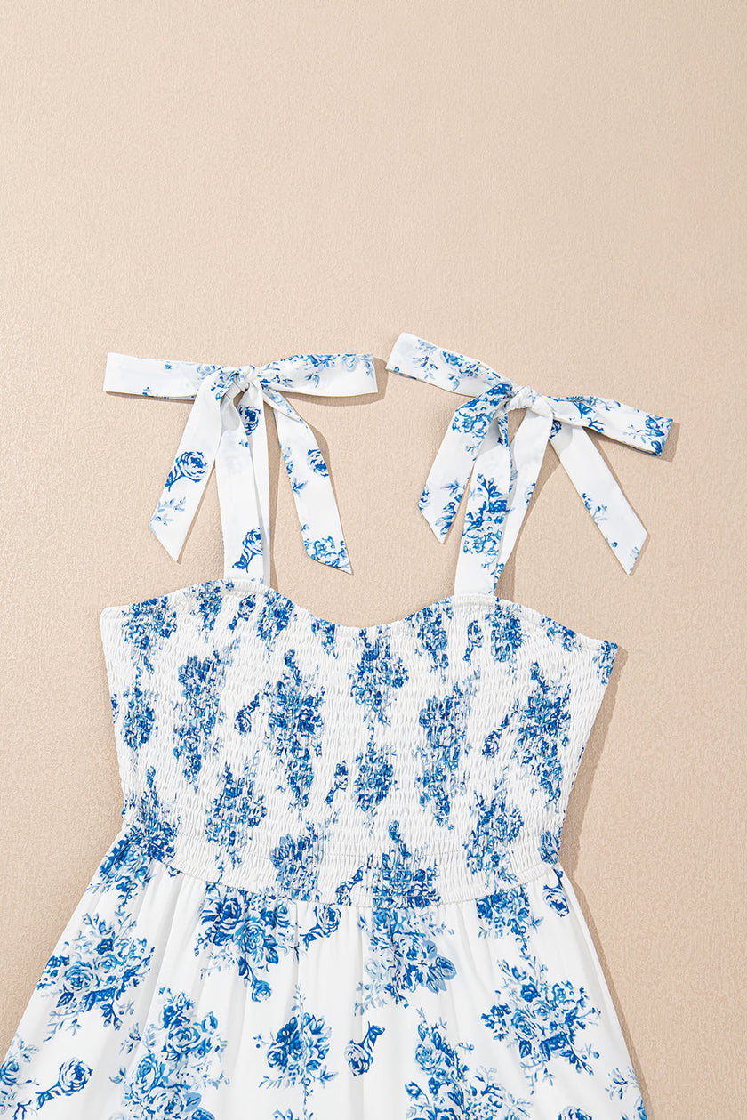 Floral Shirred Bodice Knot Shoulder Maxi Dress