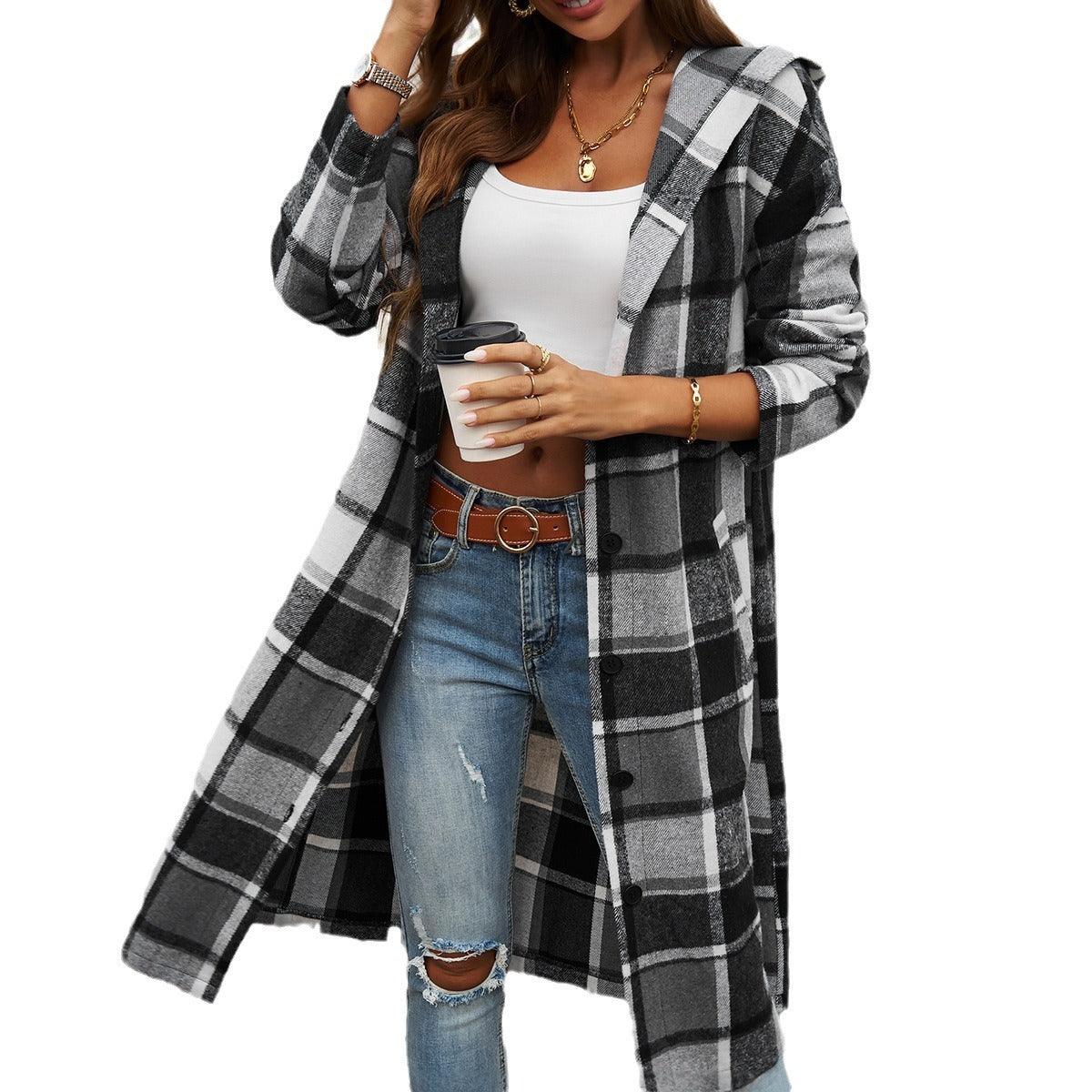 Contrasting Color Stylish Checkered Pattern Hooded Jacket