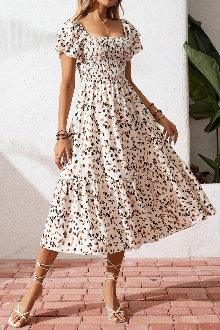 Floral Smocked Square Neck Ruffle Sleeve Dress