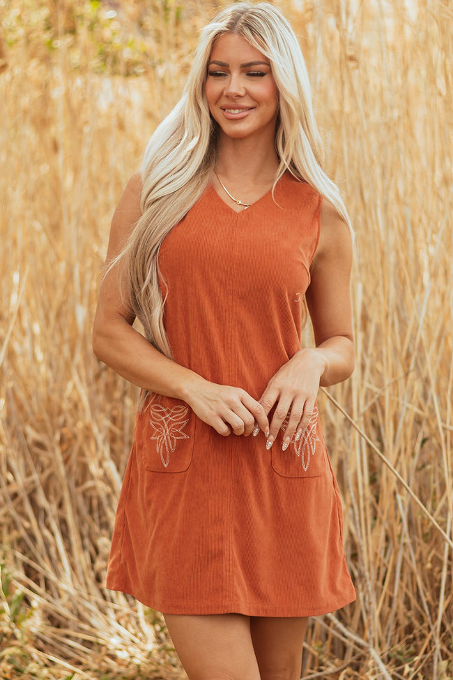 Western Corduroy Embroidered Patch Pocket Dress