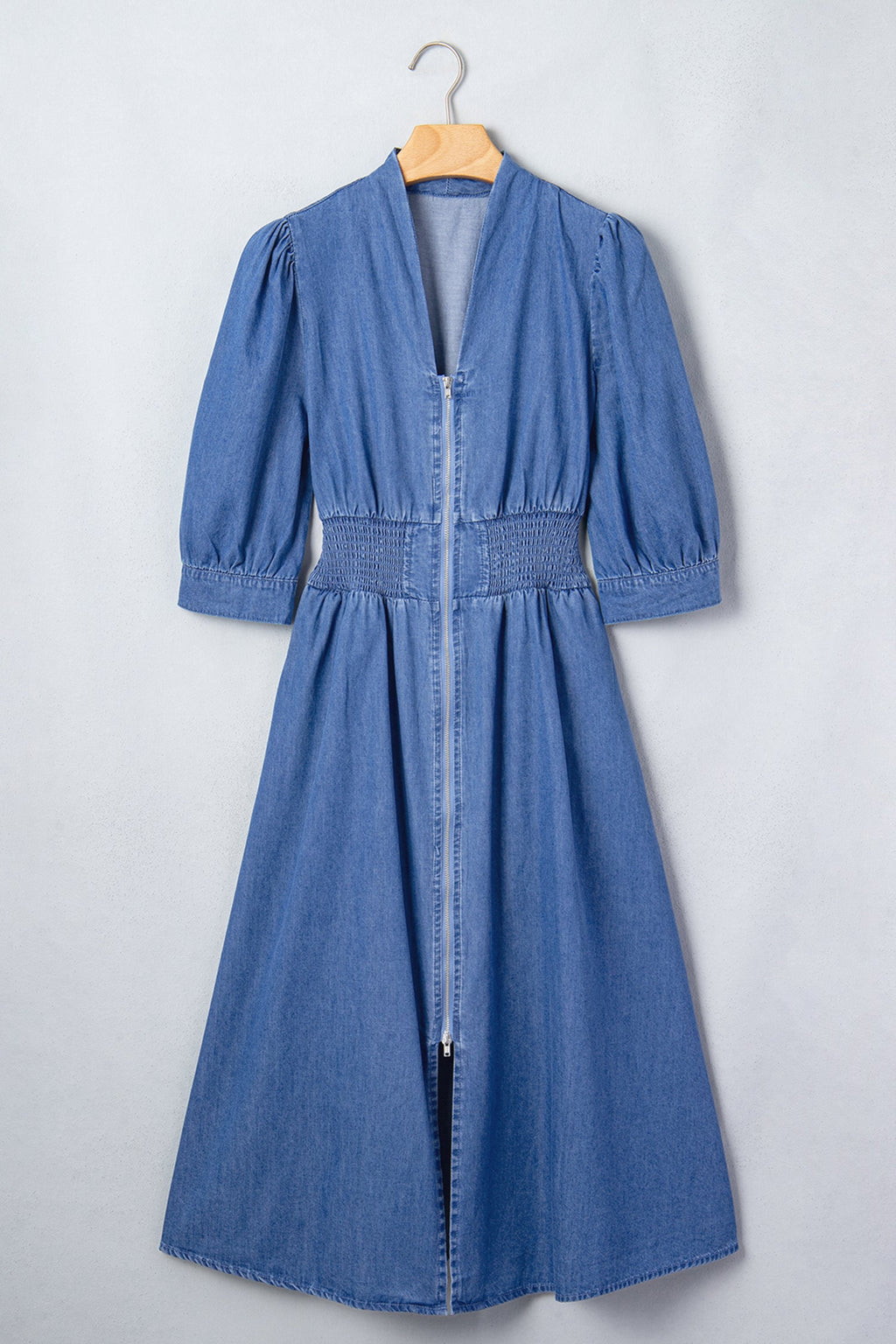 Denim zip-front dress with shirred waist and puff sleeves