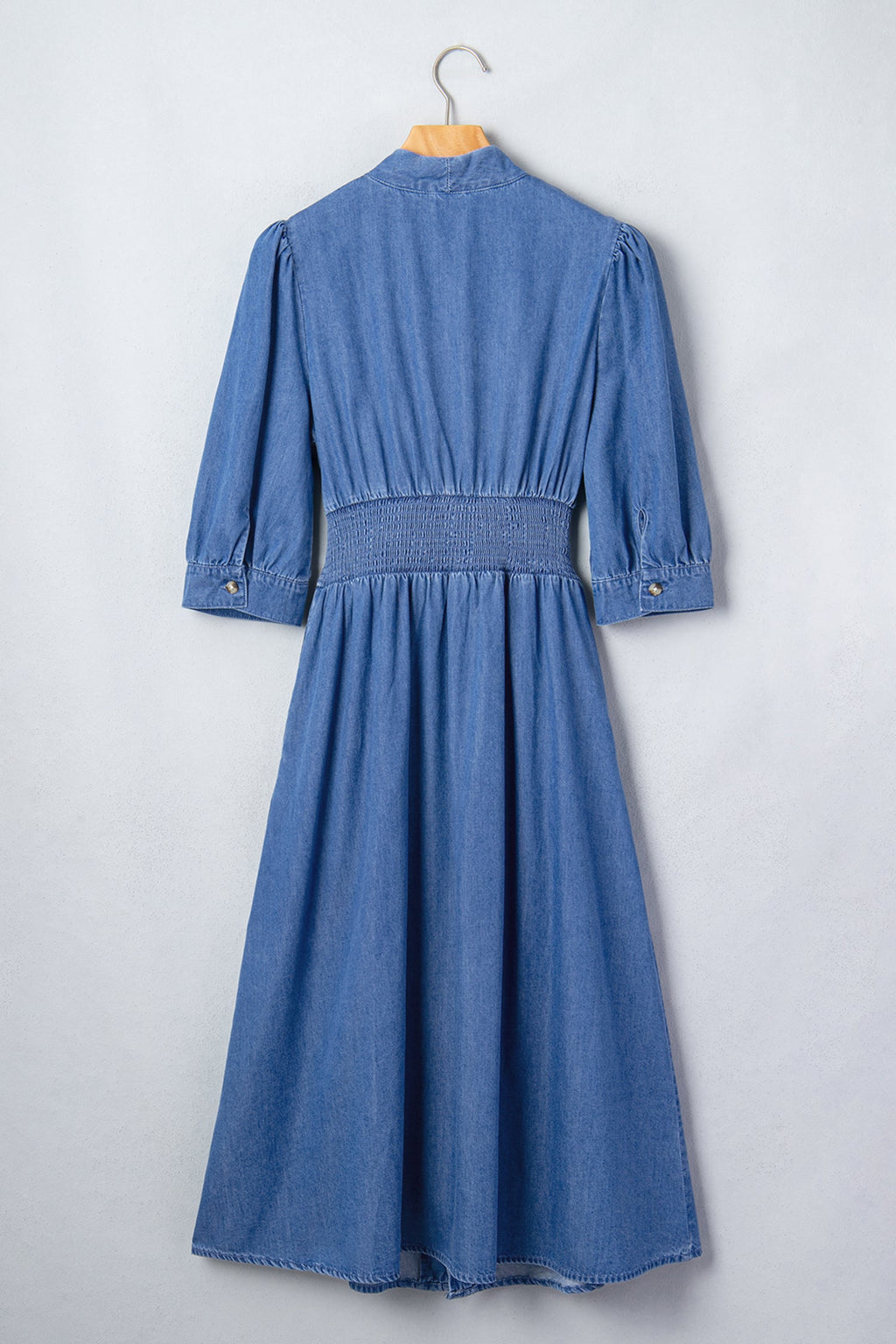 Denim zip-front dress with shirred waist and puff sleeves