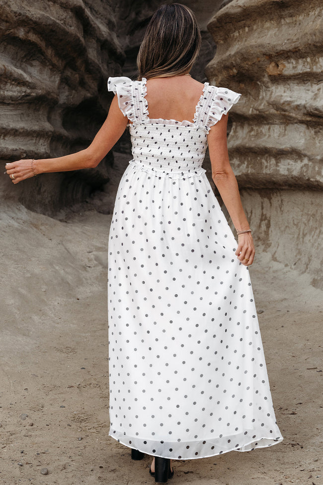 Polka Dot Flutter Sleeve Smocked Maxi Dress