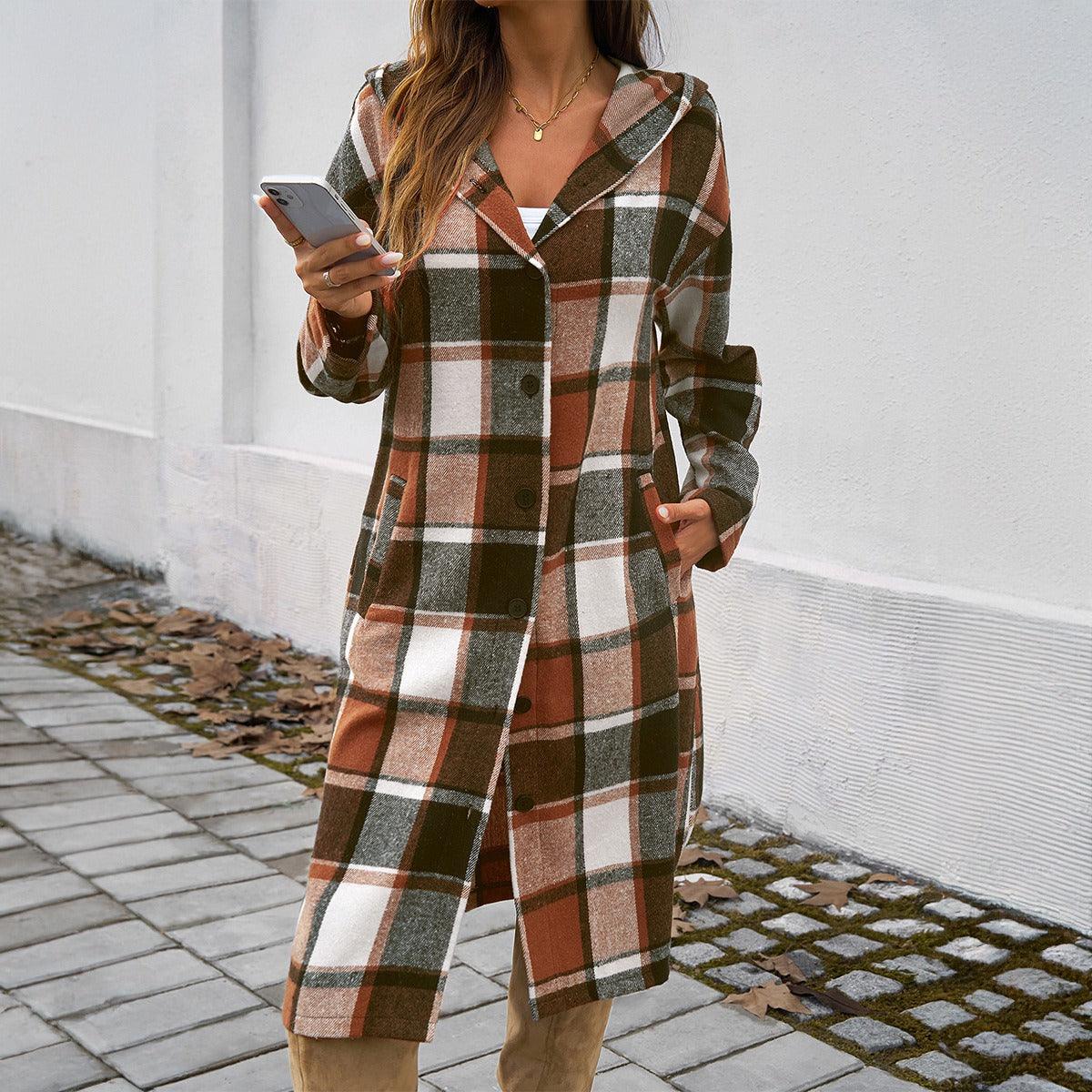Contrasting Color Stylish Checkered Pattern Hooded Jacket