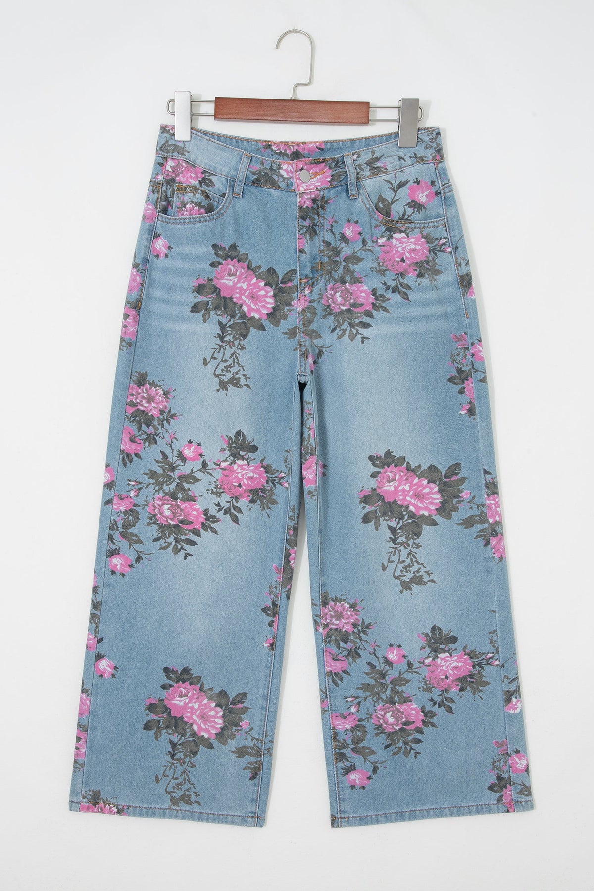 Floral light-wash denim wide-leg jeans