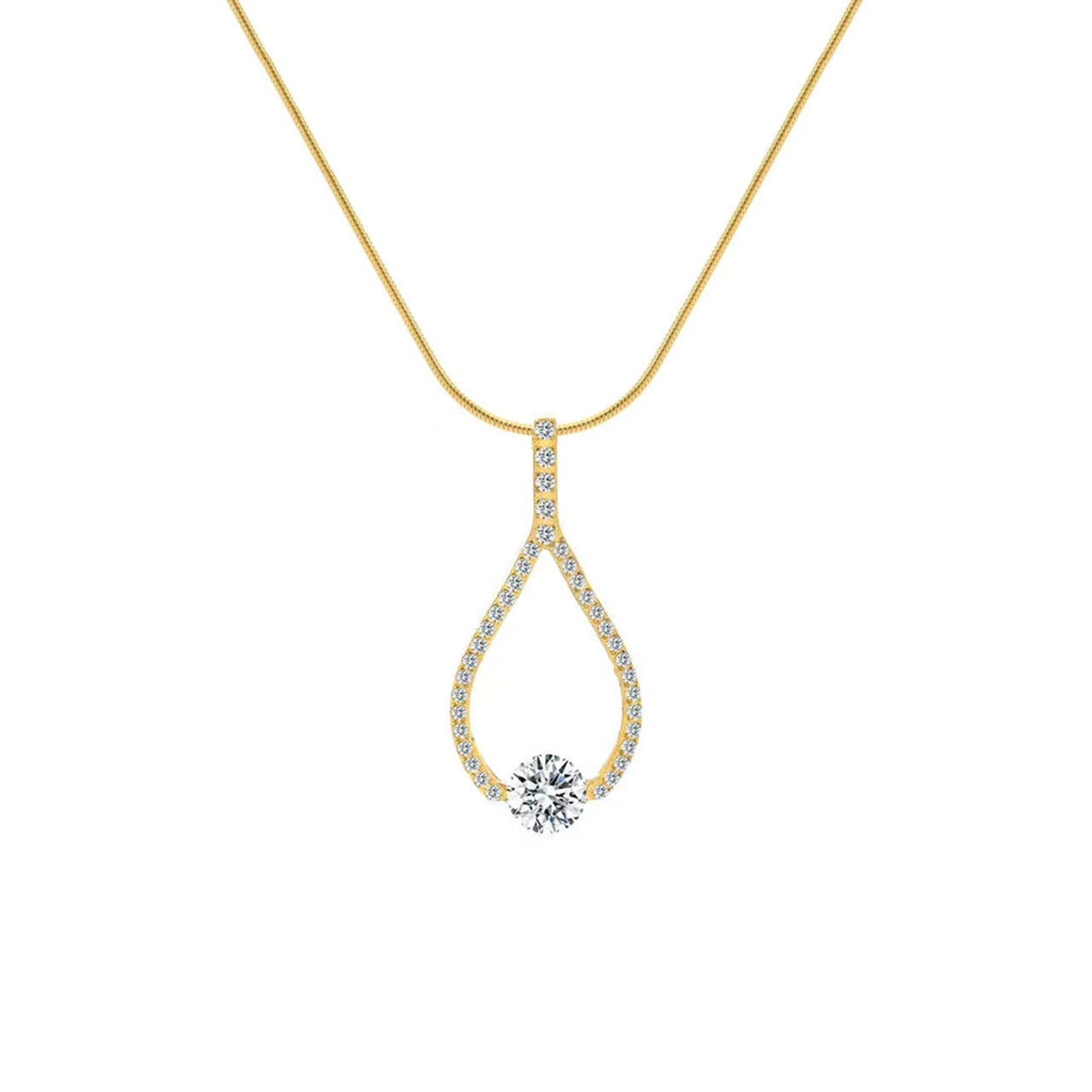 Beautiful Gold 1 ct Solitaire Pave Larme Pendant Necklace