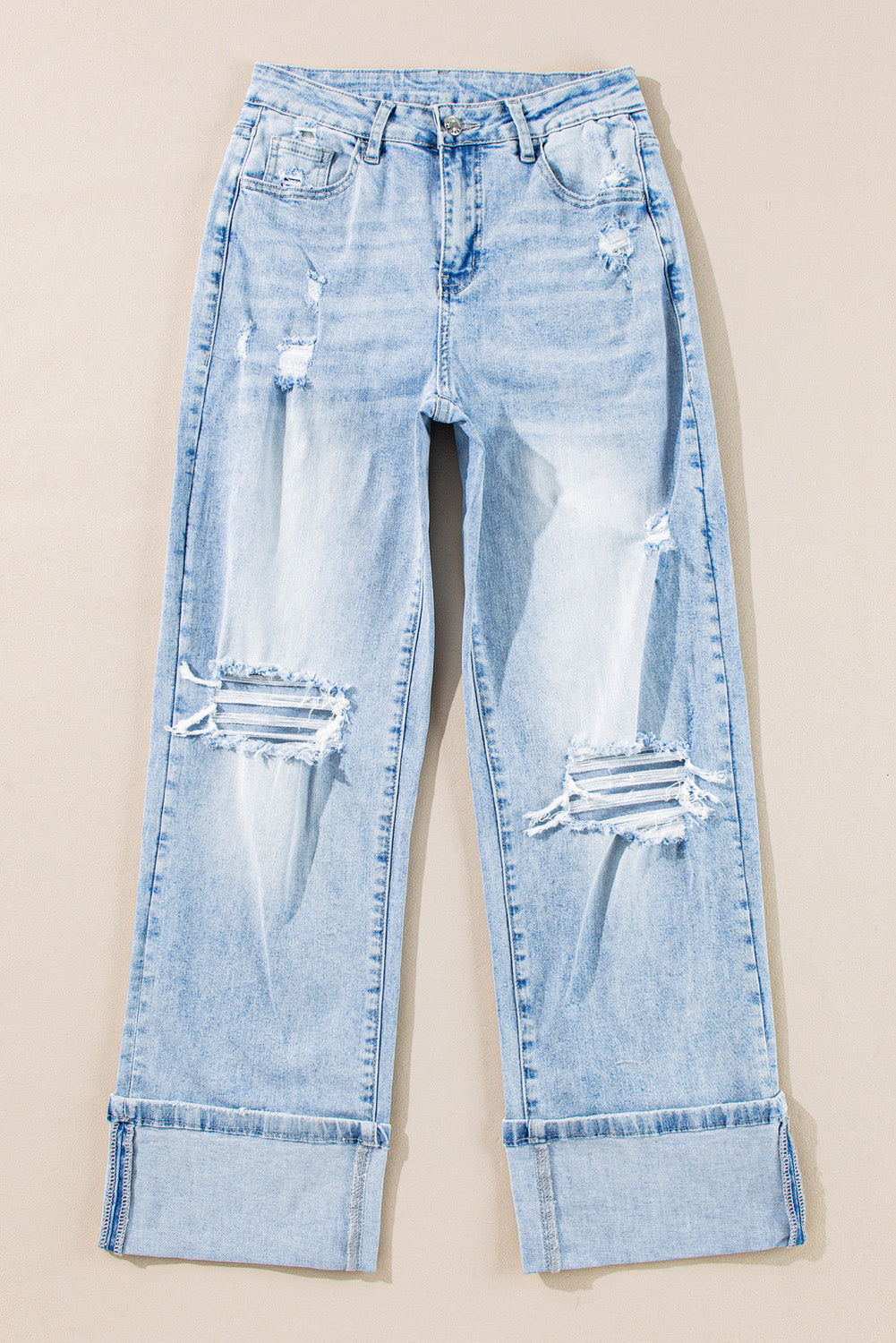Distressed Light Wash Straight Leg Jeans