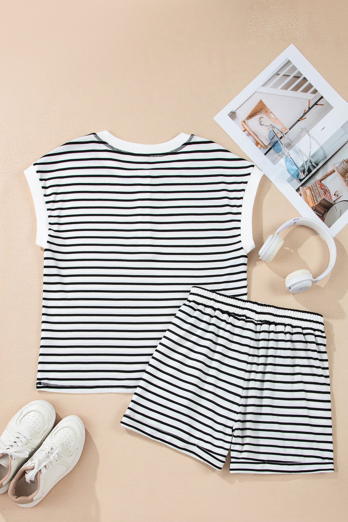 Striped cap-sleeve Henley top and shorts set