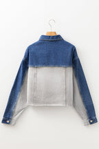 Colorblock patchwork denim jacket with raw hem and flap pockets