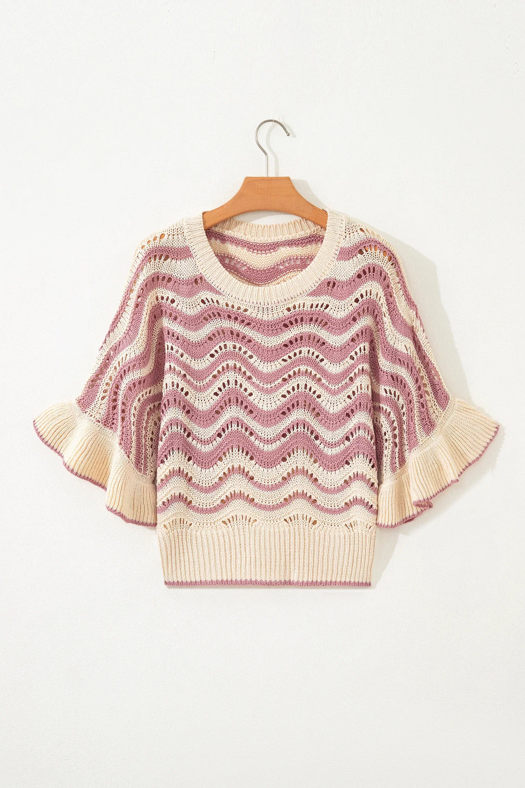 Wavy stripe crochet sweater with ruffle sleeves